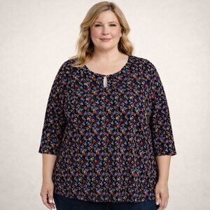 Ulla Popken Womens Ditzy Floral Keyhole T Shirt Top Size 5X (32/34) Casual